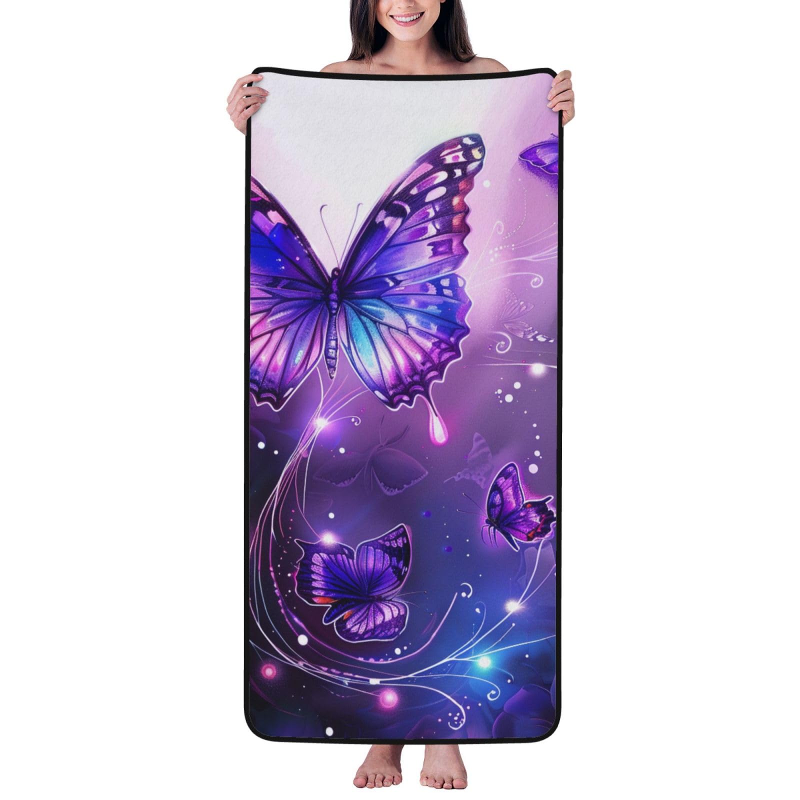 WPKJU Butterflies Printed Bath Towel with Black Edging - 27x55 in Soft Extra Absorbent Coral Velvet Shower Towels for Bathroom