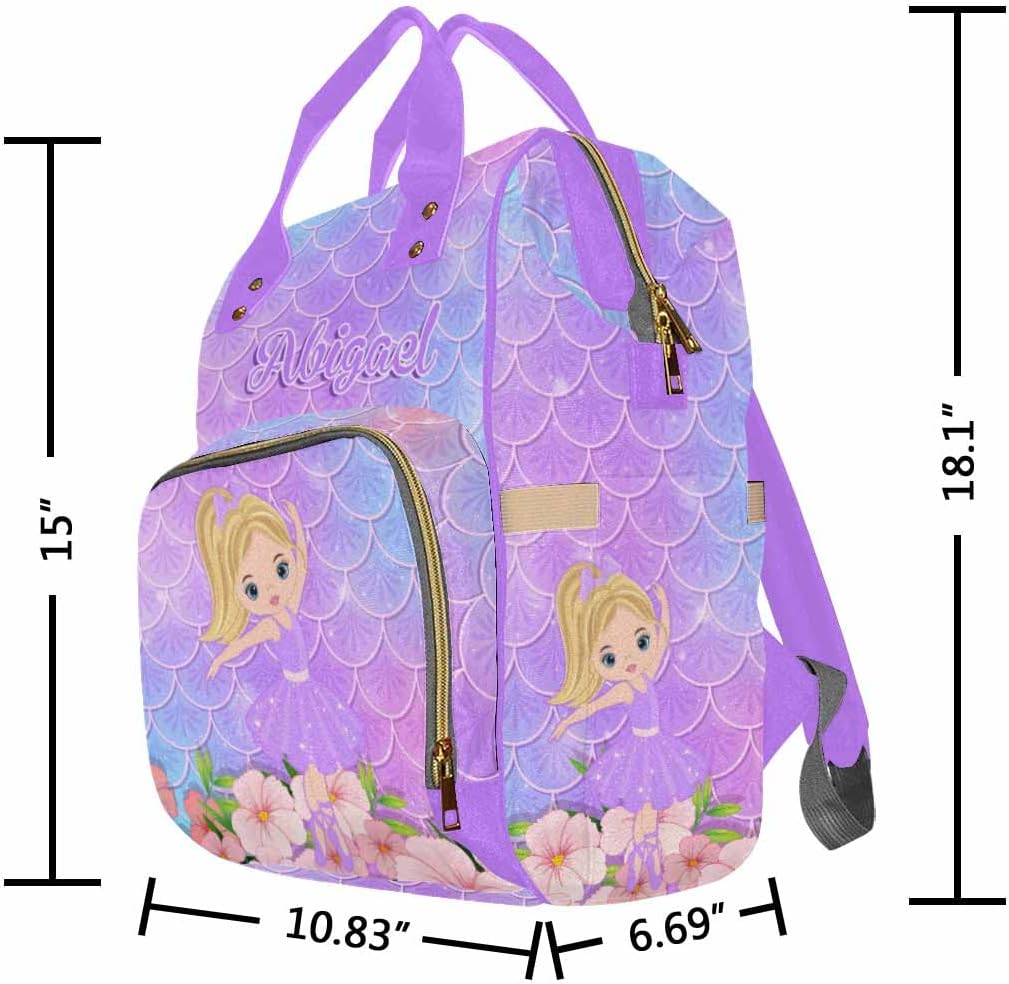 Artsadd Custom Baby Girl Diaper Backpack, Purple Ballet Floral Nappy Bag Large Travel Shoulder Bag Personalized Name Baby Bags with Insulated Pockets for Baby Shower Birthday