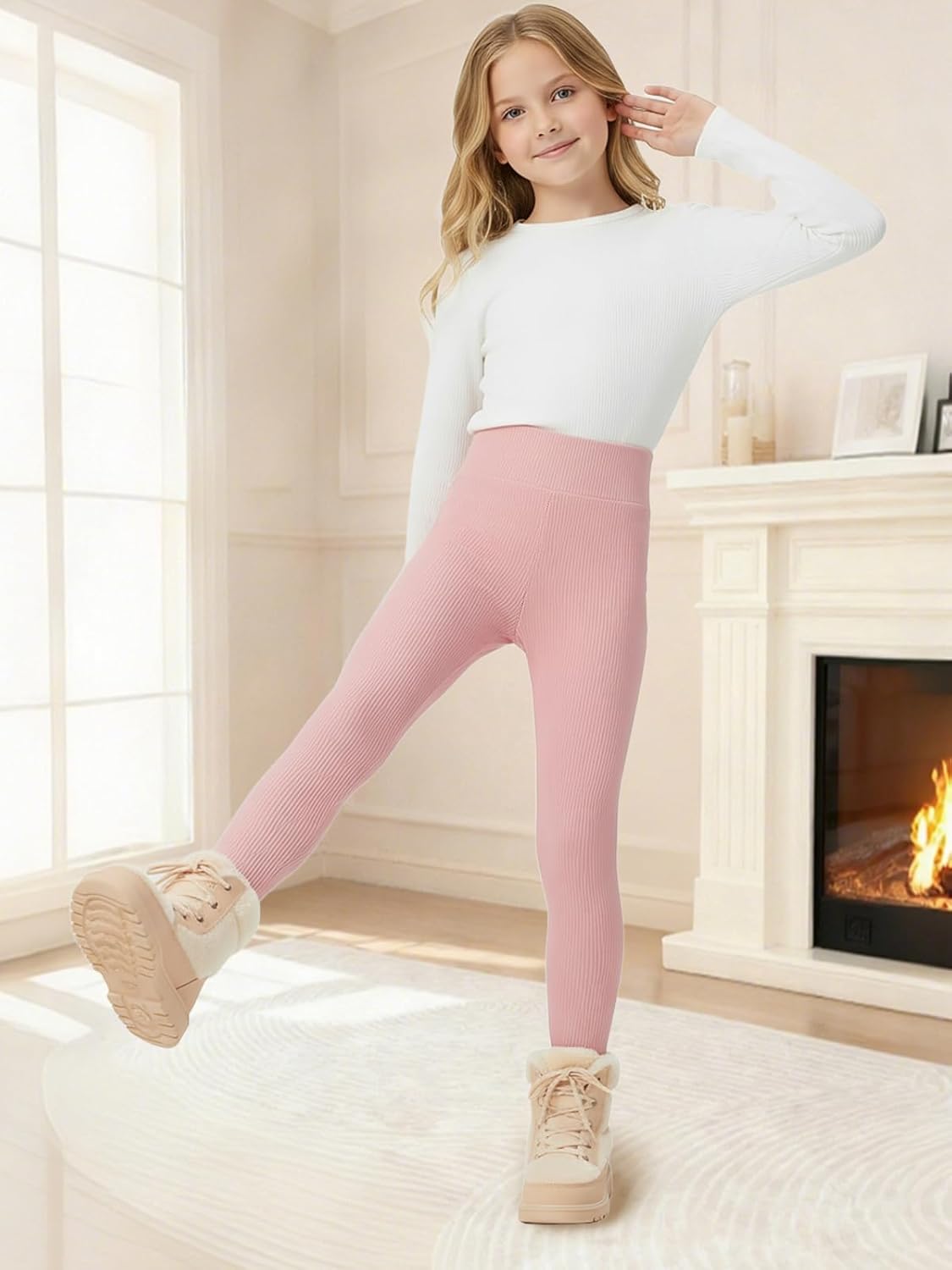 Girls Fleece Lined Leggings Full Length Leggings for Girls Winter Thick High Waist Pants for Kids - Image 3