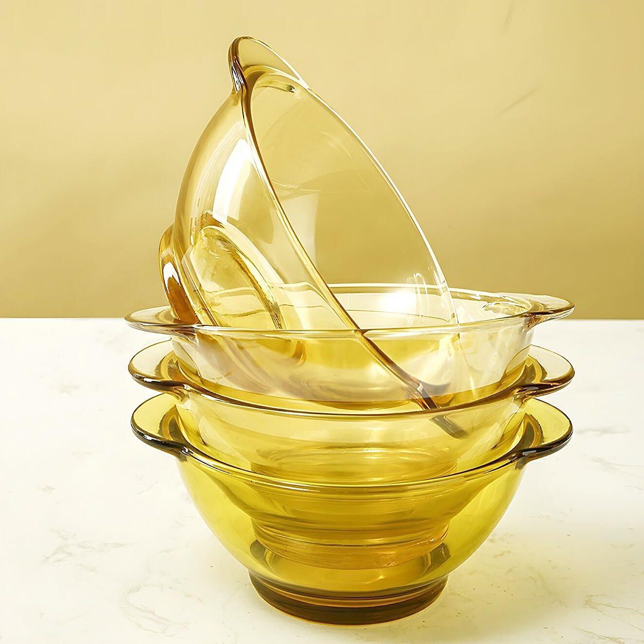 STP GOODS Glass Soup and Salad Bowl with Handles Set of 6, Cobalt Transparent Glass Eating Plates, Circular Dinnerware for Salad, Bread, Dinner (Salad Bowl Yellow, Set of 6)