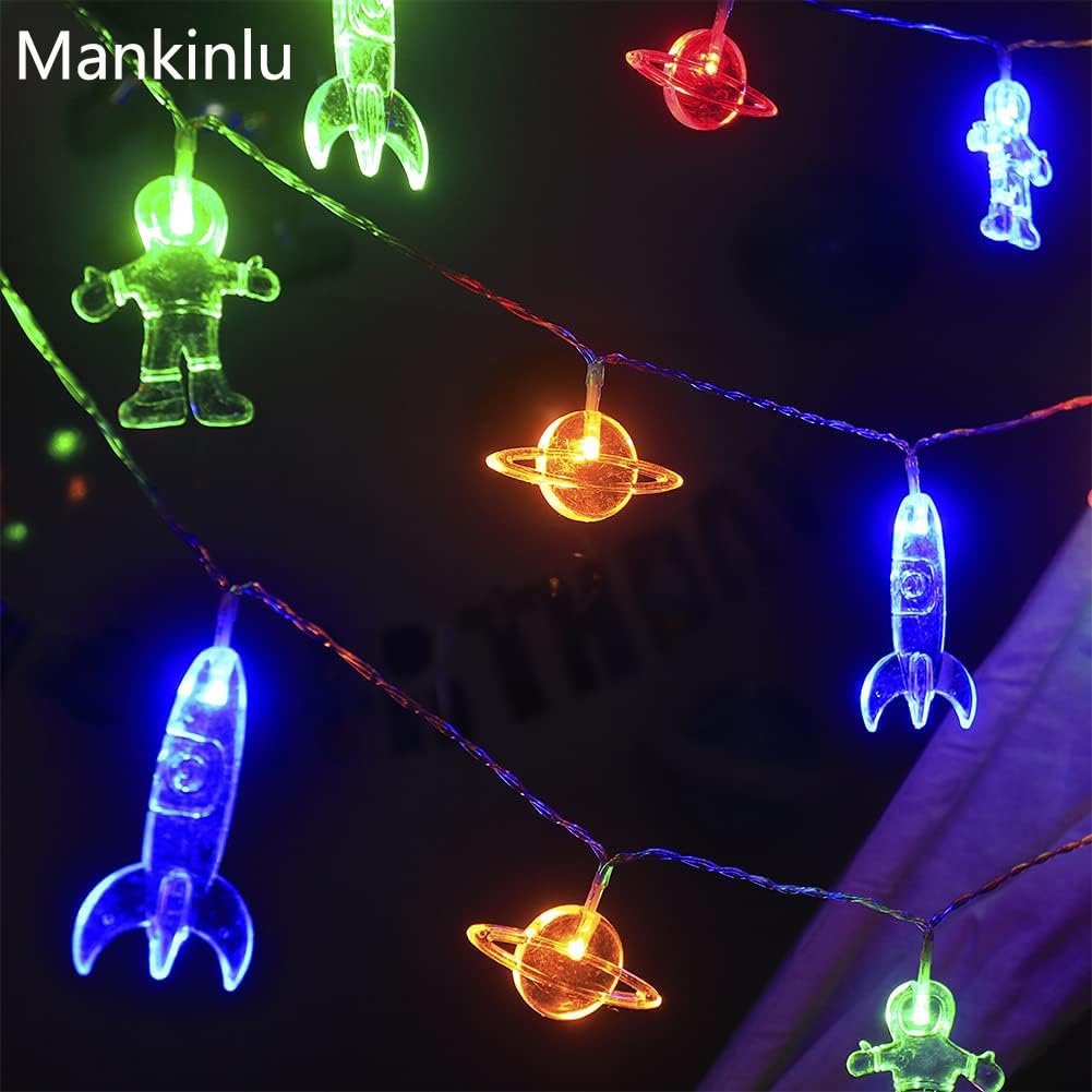 LED-Lichterkette für Kinderzimmer, mit Fernbedienung, 20 LEDs, 3,5 m, 8 Modi, batteriebetrieben, Weltraum-Lichterkette mit Rakete, Raumschiff, Astronauten-Anhänger, Urlaub, Party, Lichter für