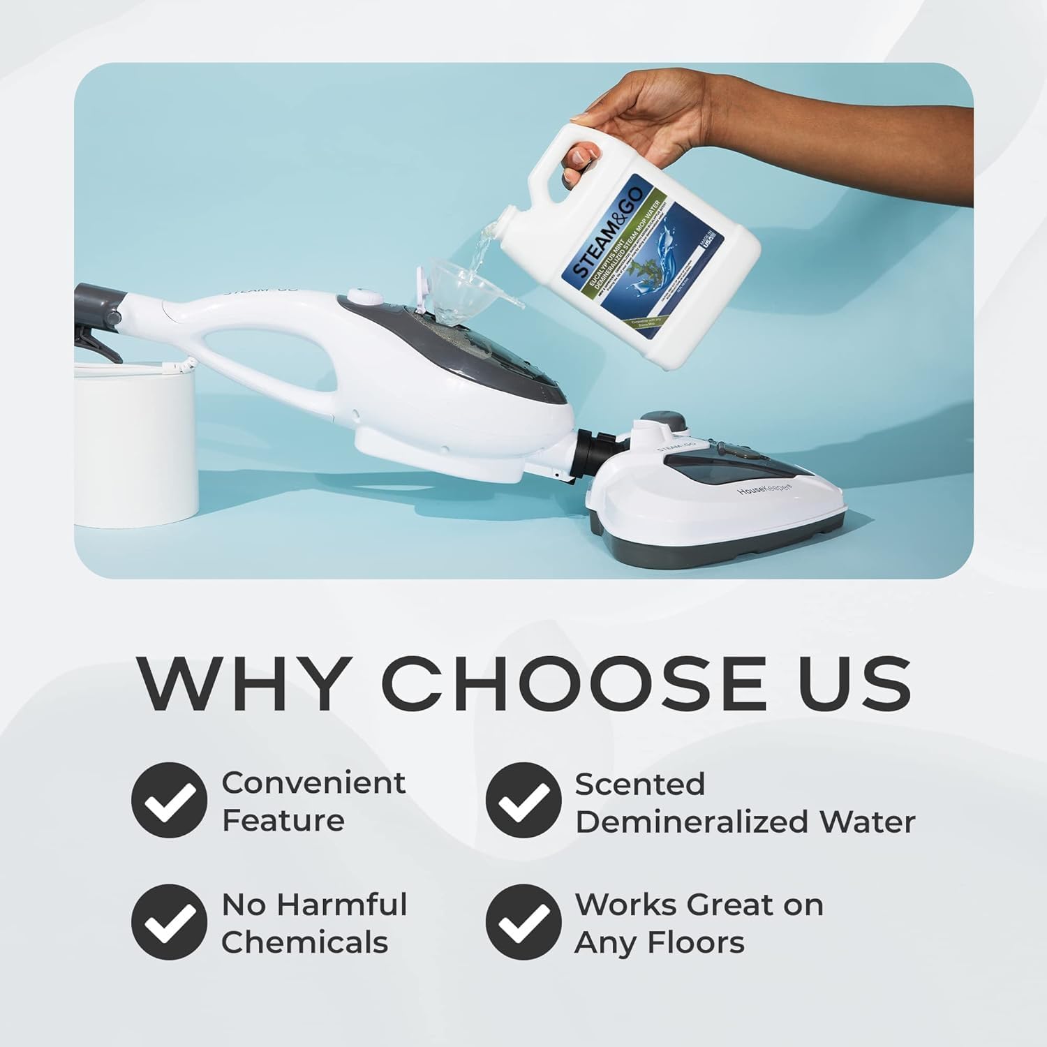 Steam & Go - The Housekeeper Steam Cleaner For Floors & Demineralized Water Bundle, 10-in-1 Hard Floor Cleaner Machine & Grout Steam Cleaner with Floor Cleaning Solution, 32 oz, Eucalyptus Mint Scent