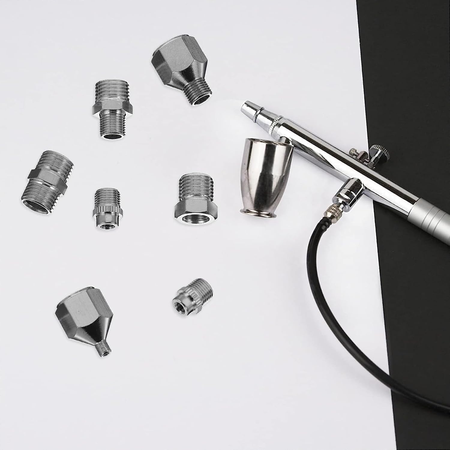 7-Piece Airbrush Adapter Set, Multi-Size Fitting Connector Kit (1/8", 1/4", M5 Threads), Assorted Metal Male & Female Converter Couplings for Air Compressor & Hose