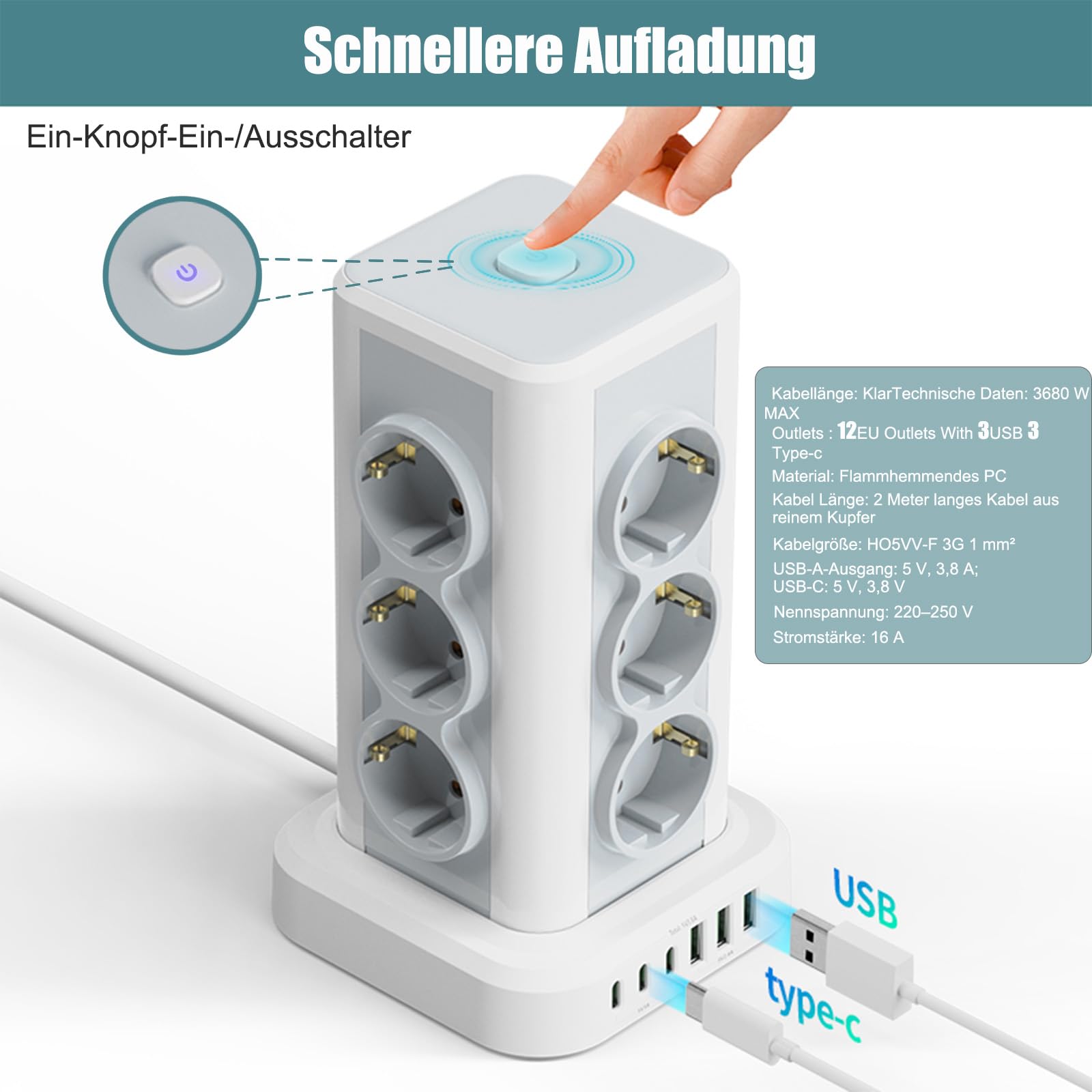 Regleta con USB 12 compartimentos, AOUOO Regleta múltiple con interruptor, 4000 W, 16 A, protección contra sobretensiones, torre de enchufe, cable alargador de 2 m para casa, oficina, cocina, cable de