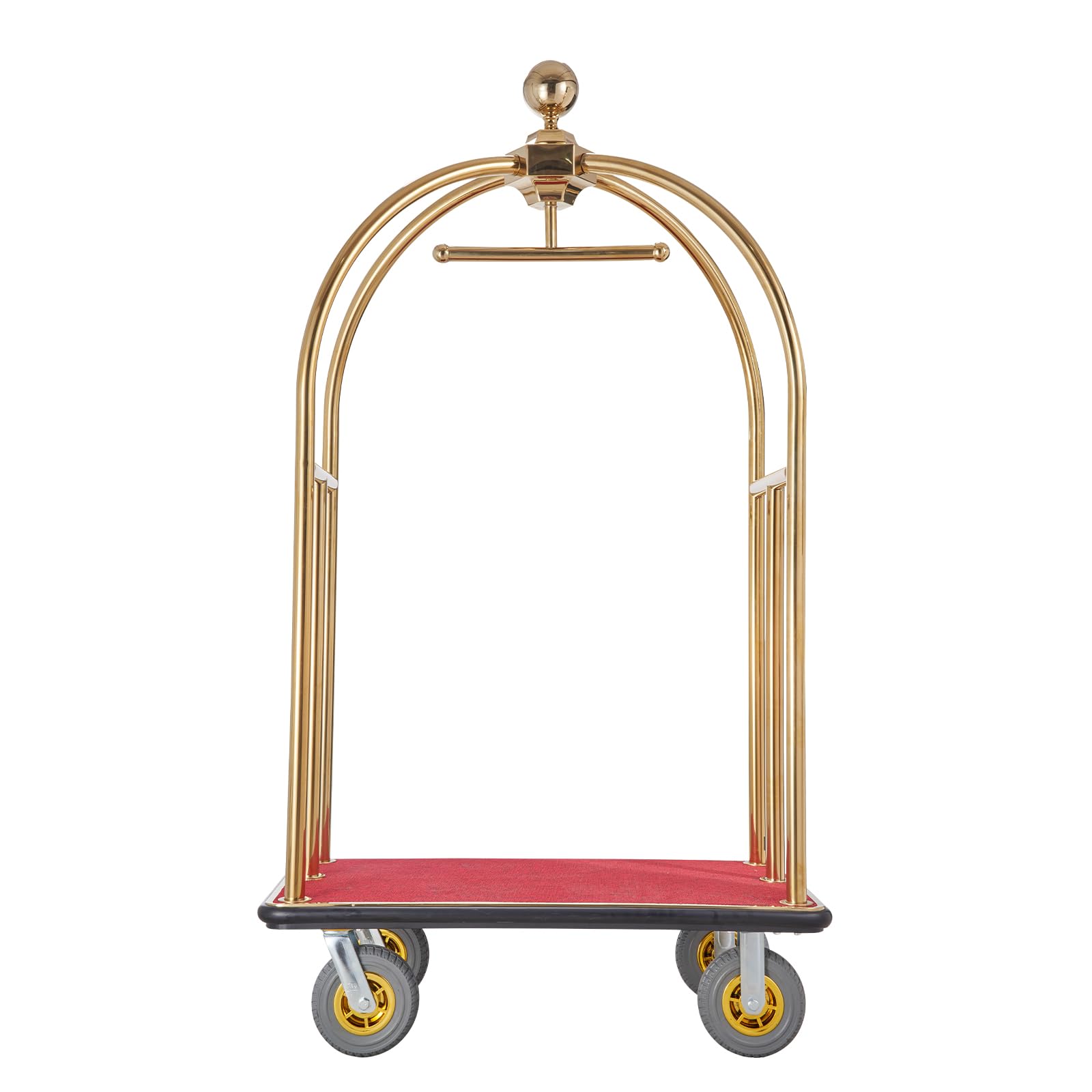 VEVOR Carrello Portavaligie per Hotel, Carico 680 kg Carrello Trasporto Portavaligie in Acciaio Inox Spazzolato con Montanti Curvi, Ponte in Moquette Rossa, Ruote in Gomma 203,2 mm per Hotel Condomini