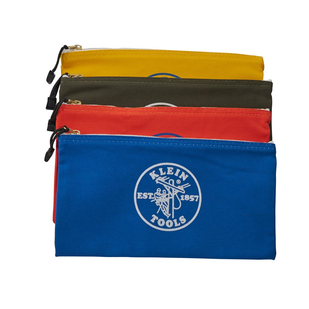 Klein Tools 5140 | Juego 4 bolsas lona No. 10 con cremallera | Colores surtidos | Cremalleras latón robustas | 31,8 × 17,8 × 1,8 cm | Para herramientas y accesorios