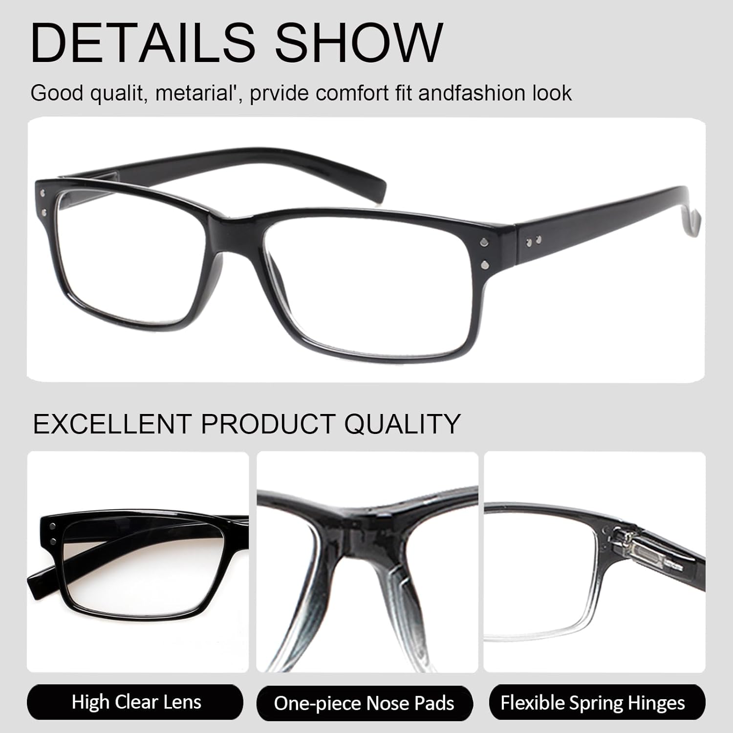 Kerecsen Reading Glasses 5 Pairs Quality Readers Spring Hinge Glasses for Reading for Men and Women (5 Black, 0.50, x) - Image 4