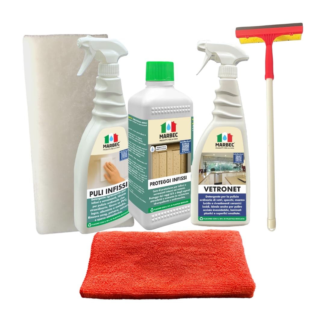 MARBEC KIT MANUTENZIONE INFISSI Kit completo per la pulizia e la protezione di infissi in Legno, Alluminio, PVC, Ferro e Metallo danneggiati dagli agenti atmosferici e dal degrado del tempo.