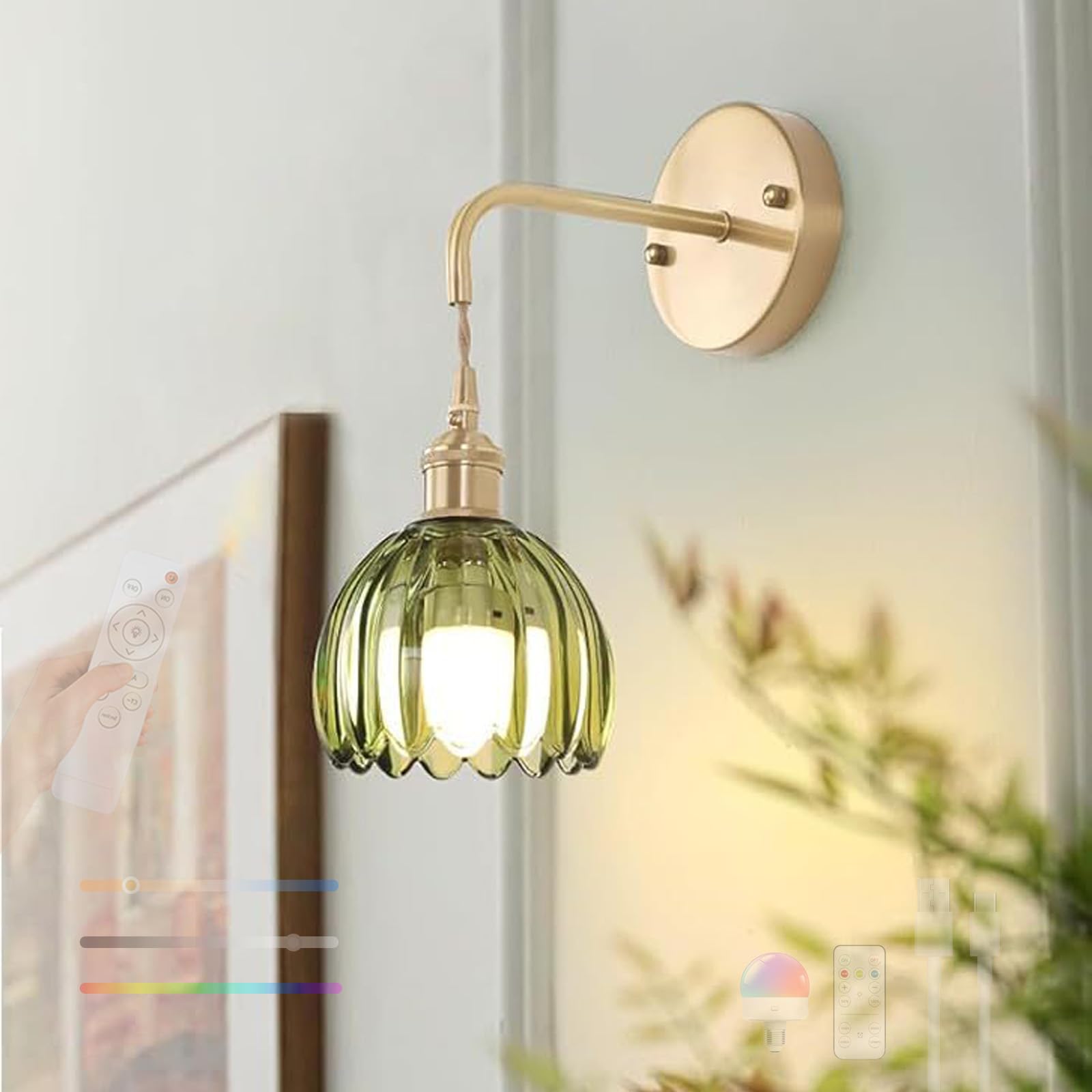 Lampa ścienna LED zasilana bateriami, wewnątrz, vintage, lampa ścienna RGB, ściemnianie, kinkiet ścienny z pilotem zdalnego sterowania, ściana ładowana przez USB, bezprzewodowa, do sypialni, salonu