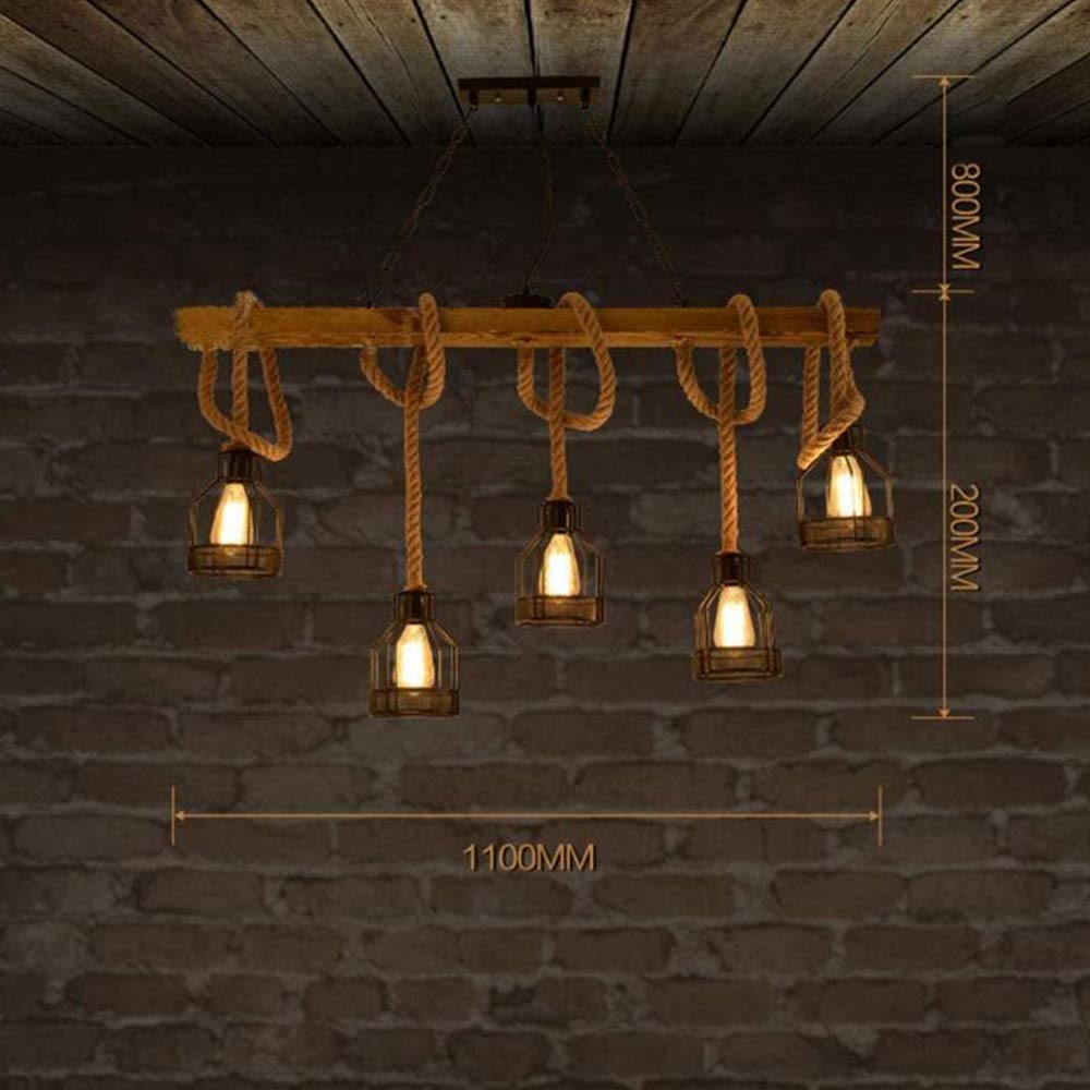 Rustykalna drewniana lampa wisząca z liny konopnej, żyrandol, sufit, lampa wisząca w stylu retro, metalowa, żelazna klatka, do kuchni, salonu, jadalni, restauracji, kawiarni, dekoracja E27
