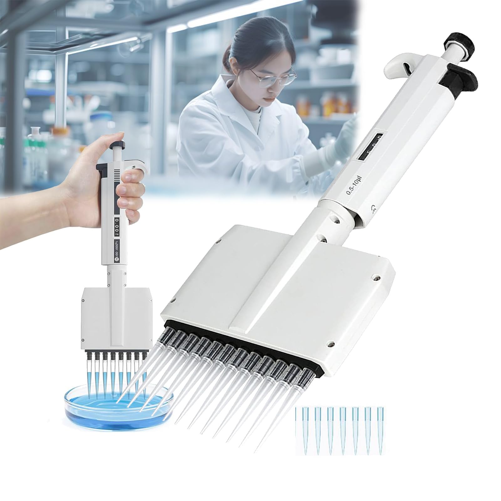 Pipette multicanaux réglable 0.5-10ul type B à 8 ou 12 canaux avec pointe rotative 360