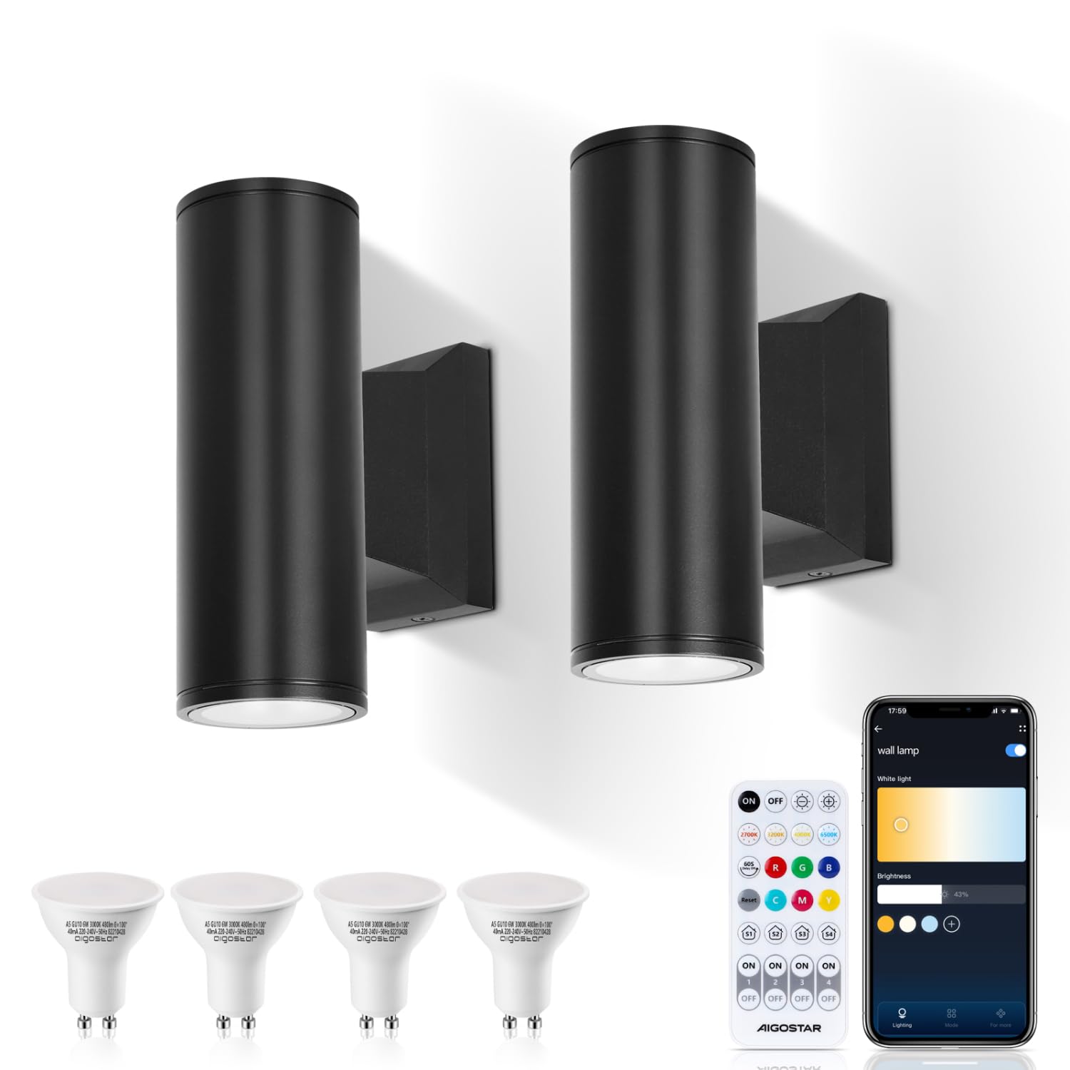 Aigostar Mesh - Alexa LED Applique da parete per esterni Bluetooth Mesh, GU10 Intelligent Up Down Apparecchio da esterno IP65, Nero Illuminazione da parete per Alexa, 2 unità (con telecomando)