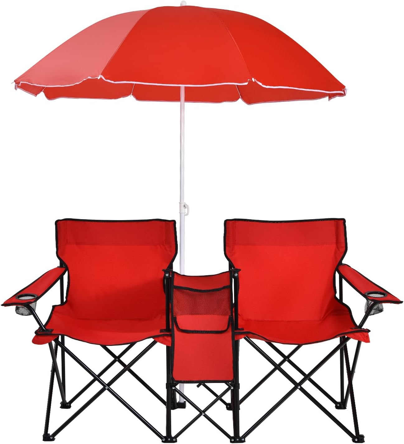 MAT EXPERT Folding Double Camp Chair w/Removable Umbrella, Portable Picnic Chair w/Mini Table, Chair Set w/Beverage Holder, Portable Loveseat Camp Chairs for Beach, Backyard, Poolside (Gray)