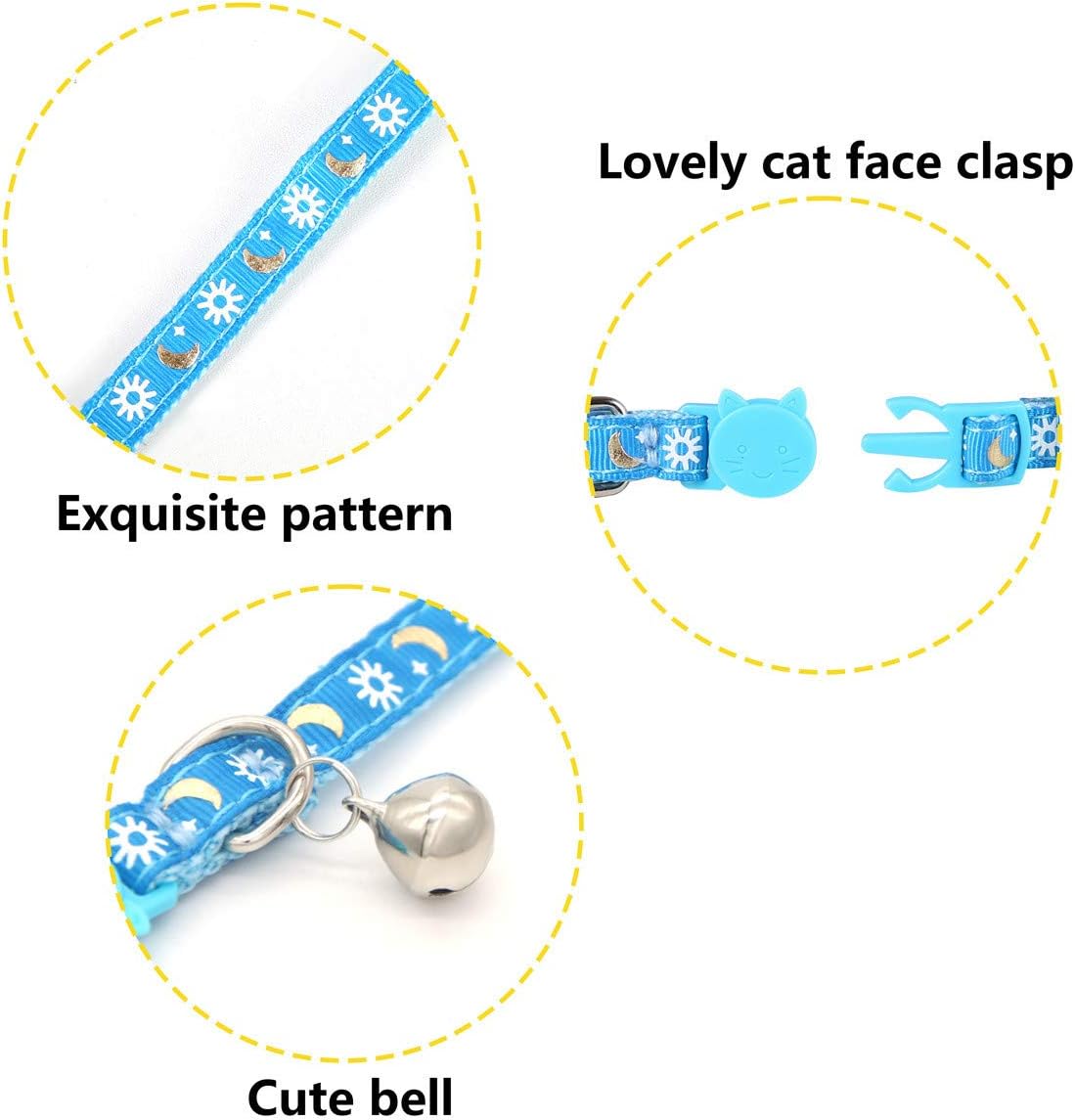 SLSON 3PCS Cat Collar Breakaway Kitten Collar with Bell Cat Collar with Moon Sun and Star Pattern Adjustable from 7-11In, Purple, Pink and Blue