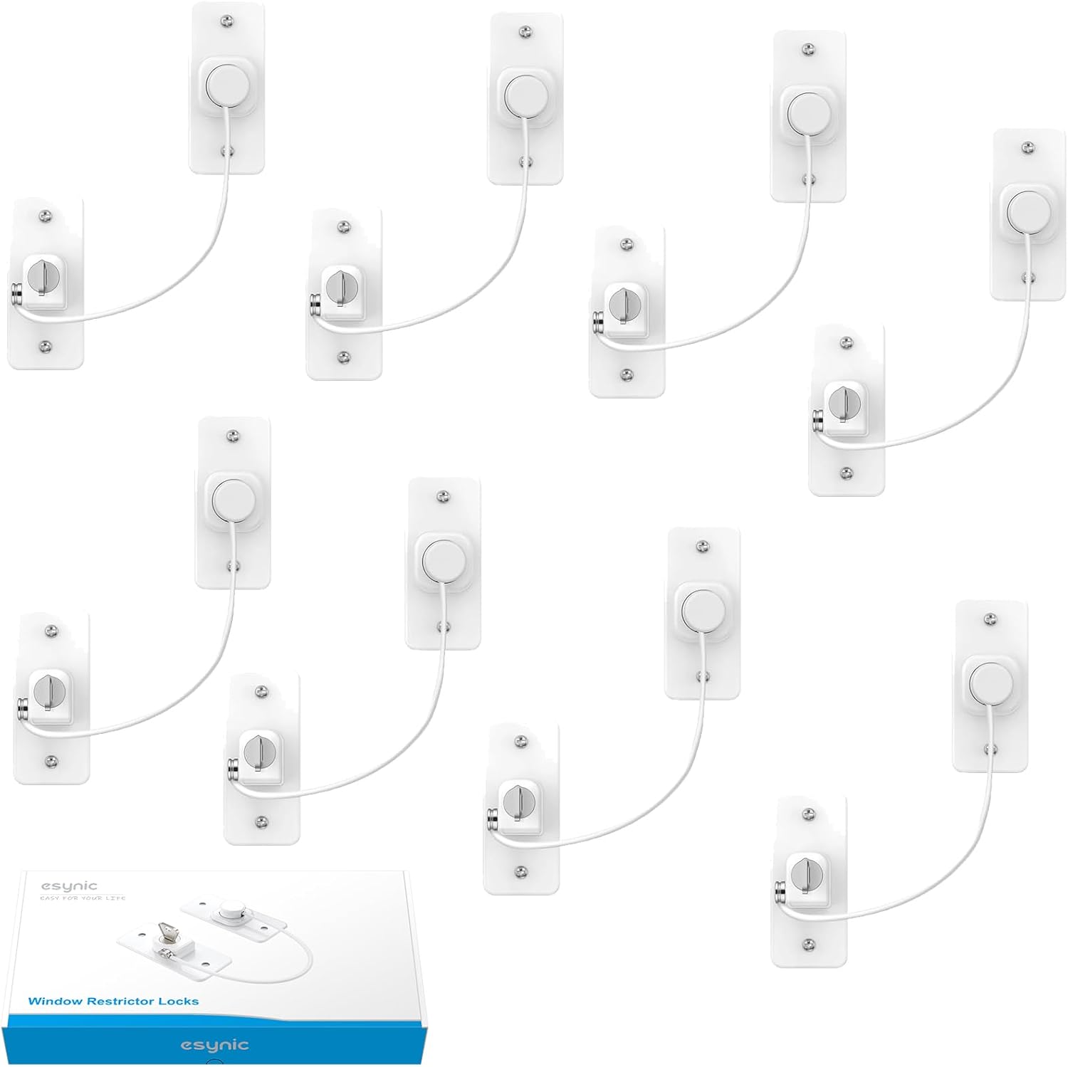 eSynic Durable Window Safety Locks 8-Pack - Child & Pet Proof Cable Window Restrictors with Key Options- No Drill Adhesive & Screw 2 Way Installation for UPVC/Wood/Metal Windows & Doors