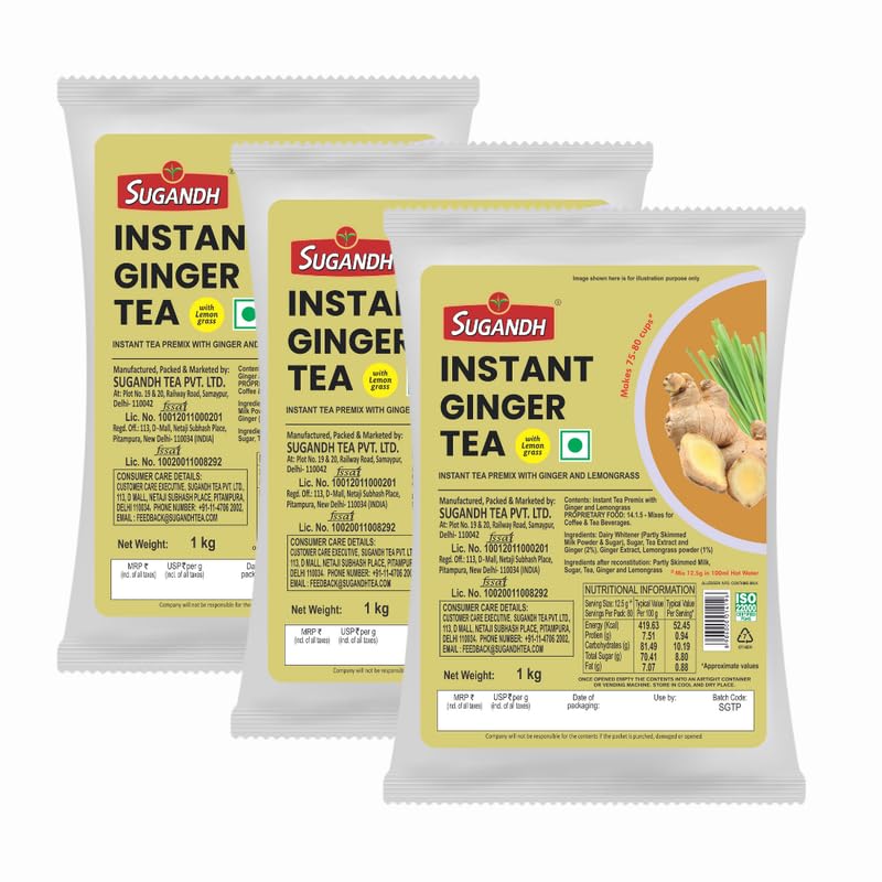 Image of Sugandh Instant Ginger Tea Mix | 3kg Family Pack (3 x 1kg) | Instant Chai Premix | Strong, Spicy & Flavorful | Easy to Prepare Anywhere