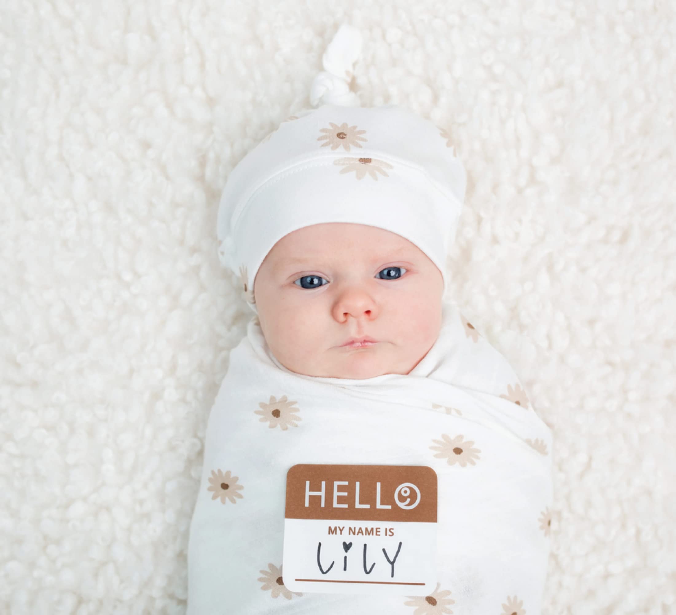 Lulujo Zestaw czapek i koców do przewijania ogłoszenia narodzin, unisex, najdelikatniejszy bambusowy, wiskozowy, muślinowy koc dla niemowląt, koc do przewijania, 119 x 119 cm, stokrotki
