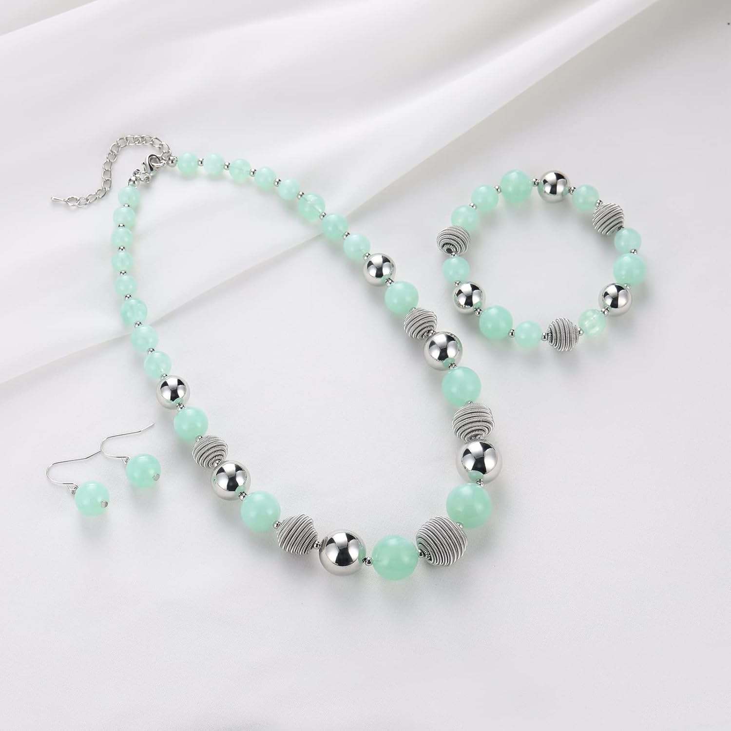 PEARL&CLUB Beaded Chunky Statement Necklace Earring and Bracelet Set Silver Metal Bead Fashion Jewelry Set Mothers’ Day Gifts for Women - Image 3