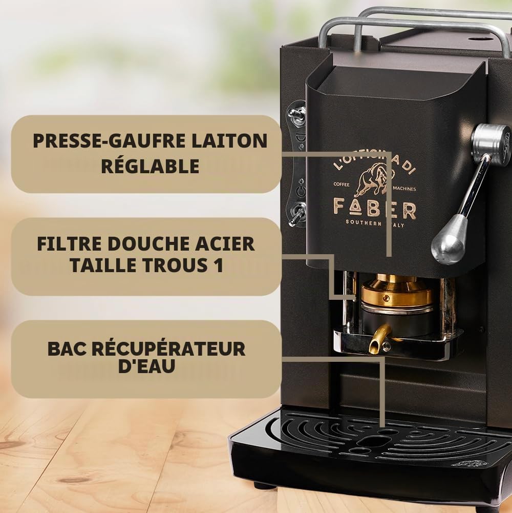 FABER COFFEE MACHINES | Model Pro Deluxe | Machine à café avec dosettes ese 44 mm | Finition chrome noir mat | Pressacialda en laiton