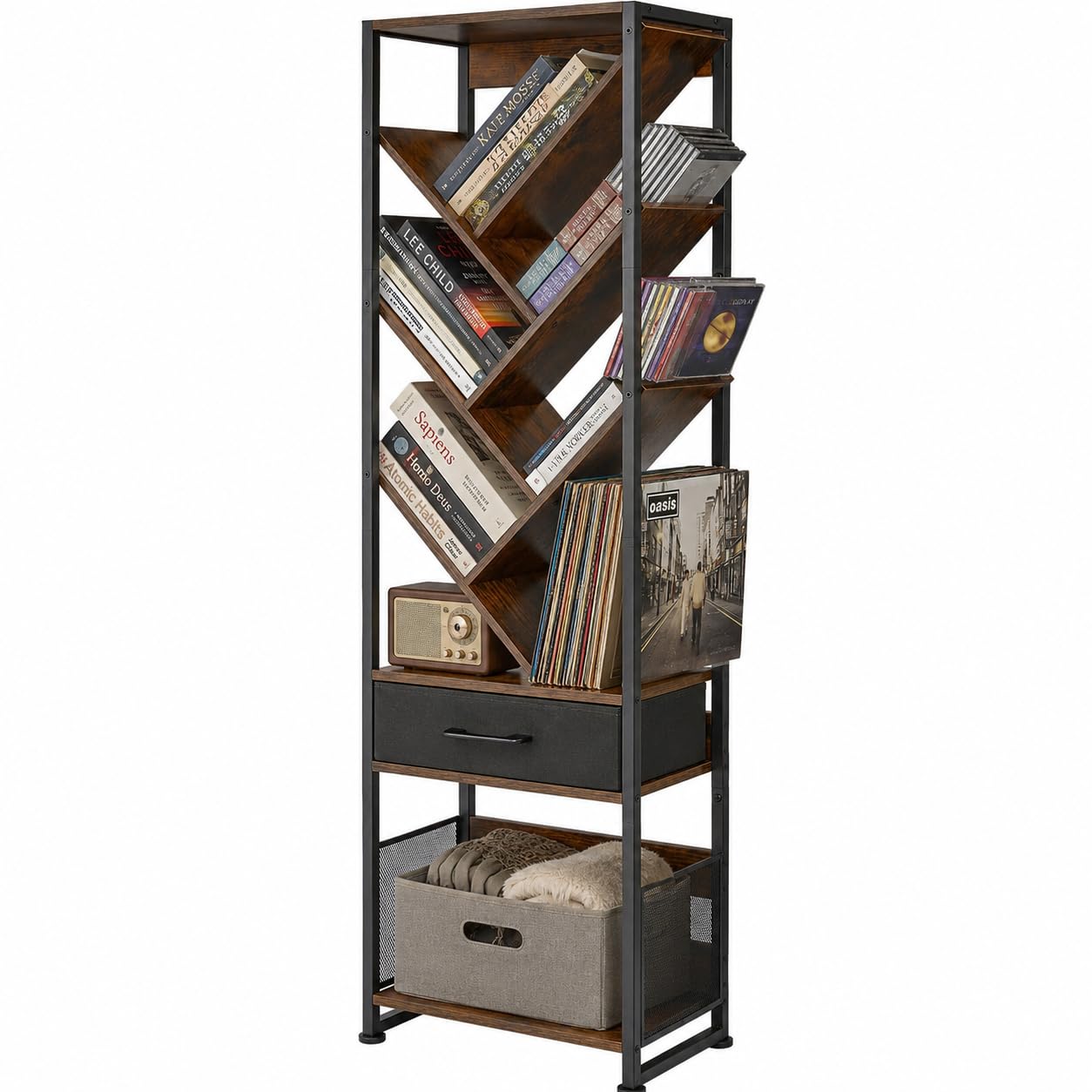 ruboka Tree Bookshelf with Side Table, Tall Bookcase with Storage Cabinet, Floor Standing Modern Narrow Bookshelves Organizer for Bedroom/Living Room/Home Office/Corner (Rustic Brown, 10 Tier)