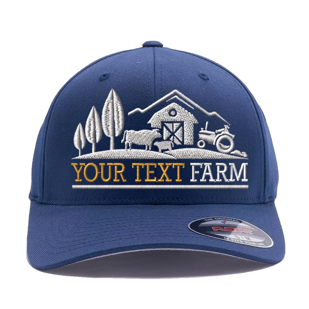 Farm Logo with Your own Words Embroidered 6277 Flex Fitted Baseball Wooly Combed hat. (L/XL, Navy)