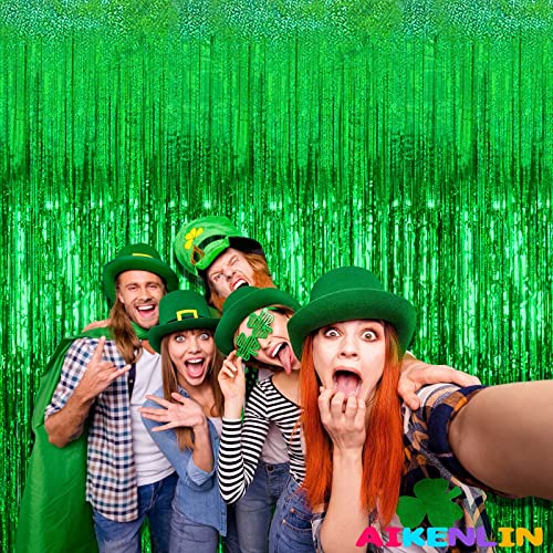 Image of 4 Pack 3.2Ft x 8.2Ft Green Foil Fringe Curtain Backdrop, Metallic Tinsel Foil Fringe Streamers Curtains Background for Photo Booth, Birthday, Wedding, Disco, Bachelorette, Christmas Party Decoration