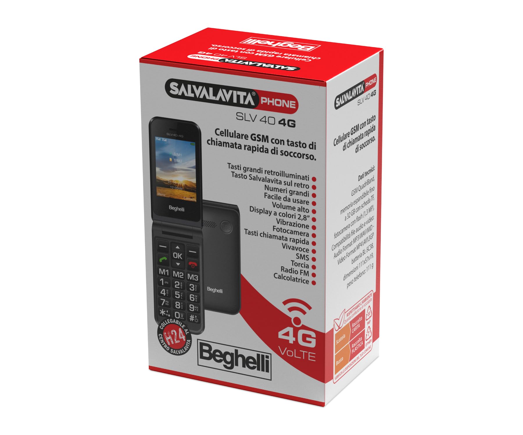 Beghelli - Telefono Anziani Salvalavita SLV40, Conchiglia, 4G, con Tasto SOS e Chiamata Rapida, Cellulare con Grandi Tasti, Volume Alto, Display 2.8", Torcia, Radio, Fotocamera - Colore: Nero