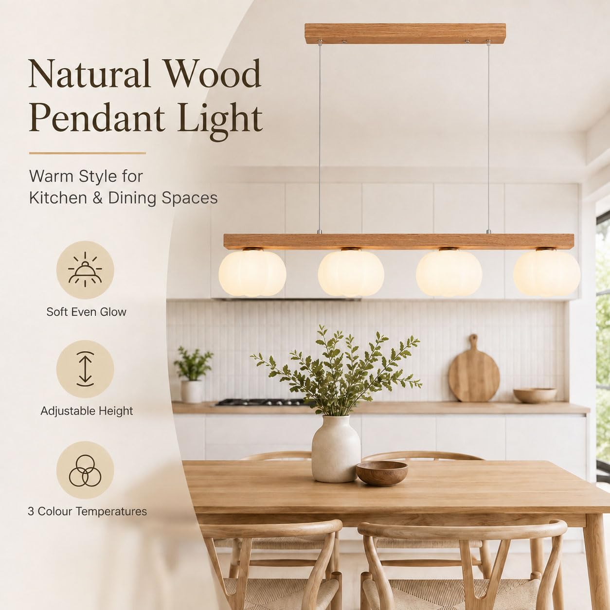Lampadario Cucina LED in Legno, a Sospensione per Sala da Pranzo