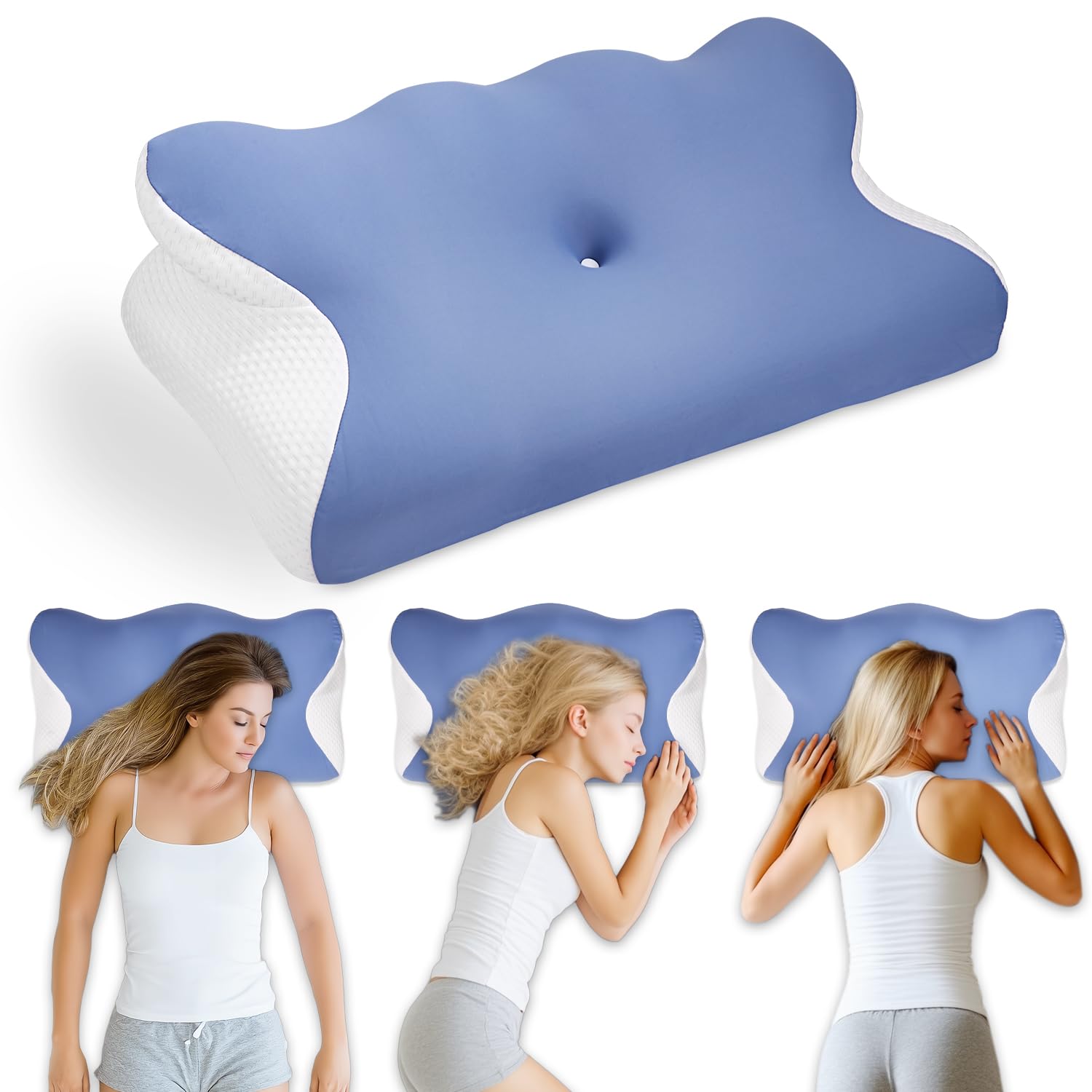 Syvory Almohada Cervical,3 en 1Almohada Ergonómica con Memoria de Forma,Almohada ortopédica para Dormir Boca Arriba/Abdomen/Lado,Funda Lavable a Máquina(Azul