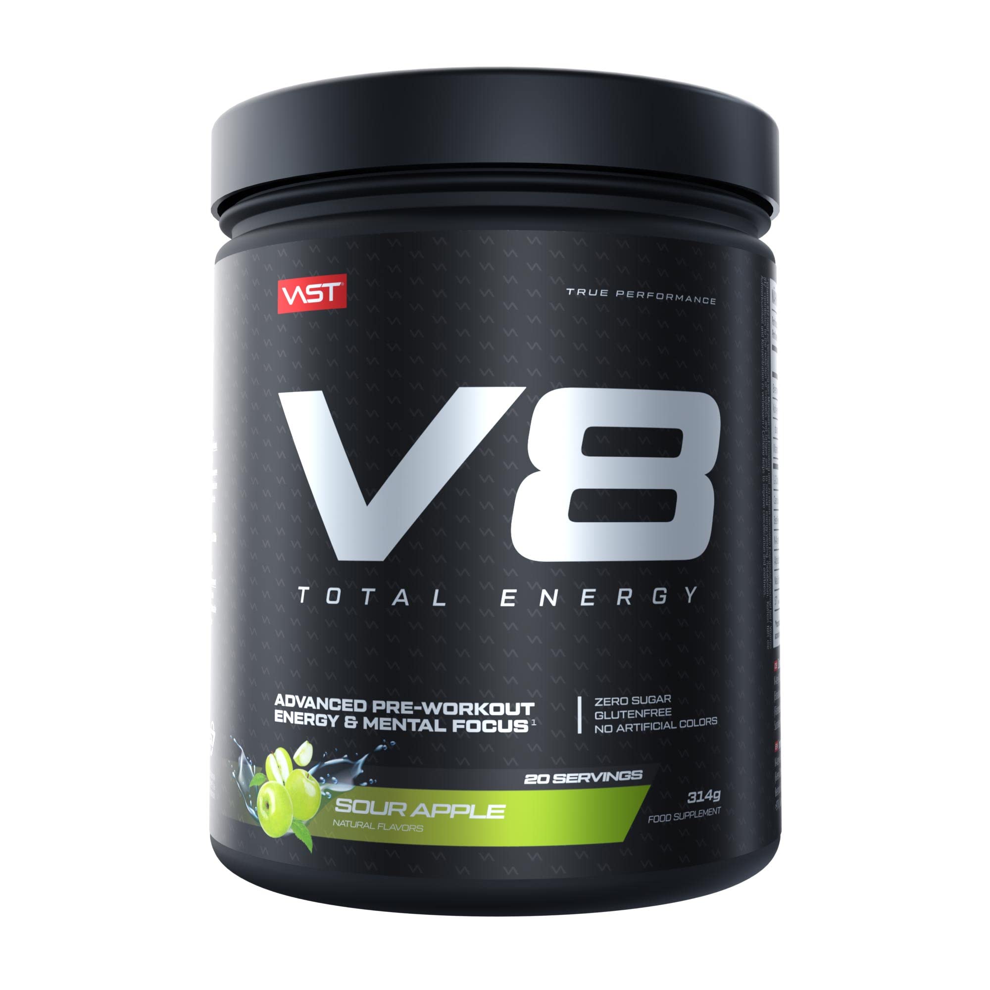 V8 Total Energy – Pre Workout Booster – Trainingsbooster – CarnoSyn®, BetaPower®, natürliches Koffein – Vegan – Zuckerfrei – 20 Portionen – Made in Germany – Sour Apple