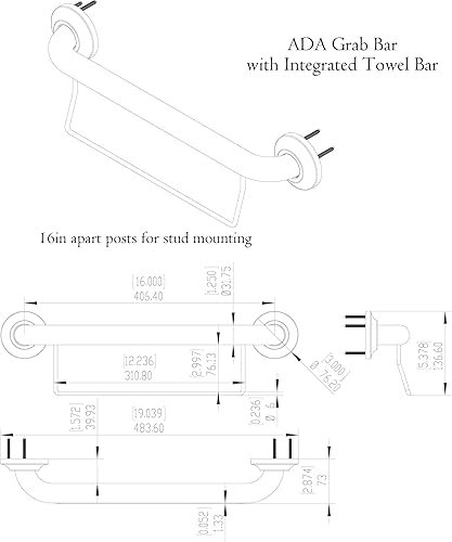 Miniatura 6 de Barandilla de agarre compatible con ADA con toallero, soporte de peso de 500 libras, 1-14 x 16 pulgadas para montaje de perno, negro mate