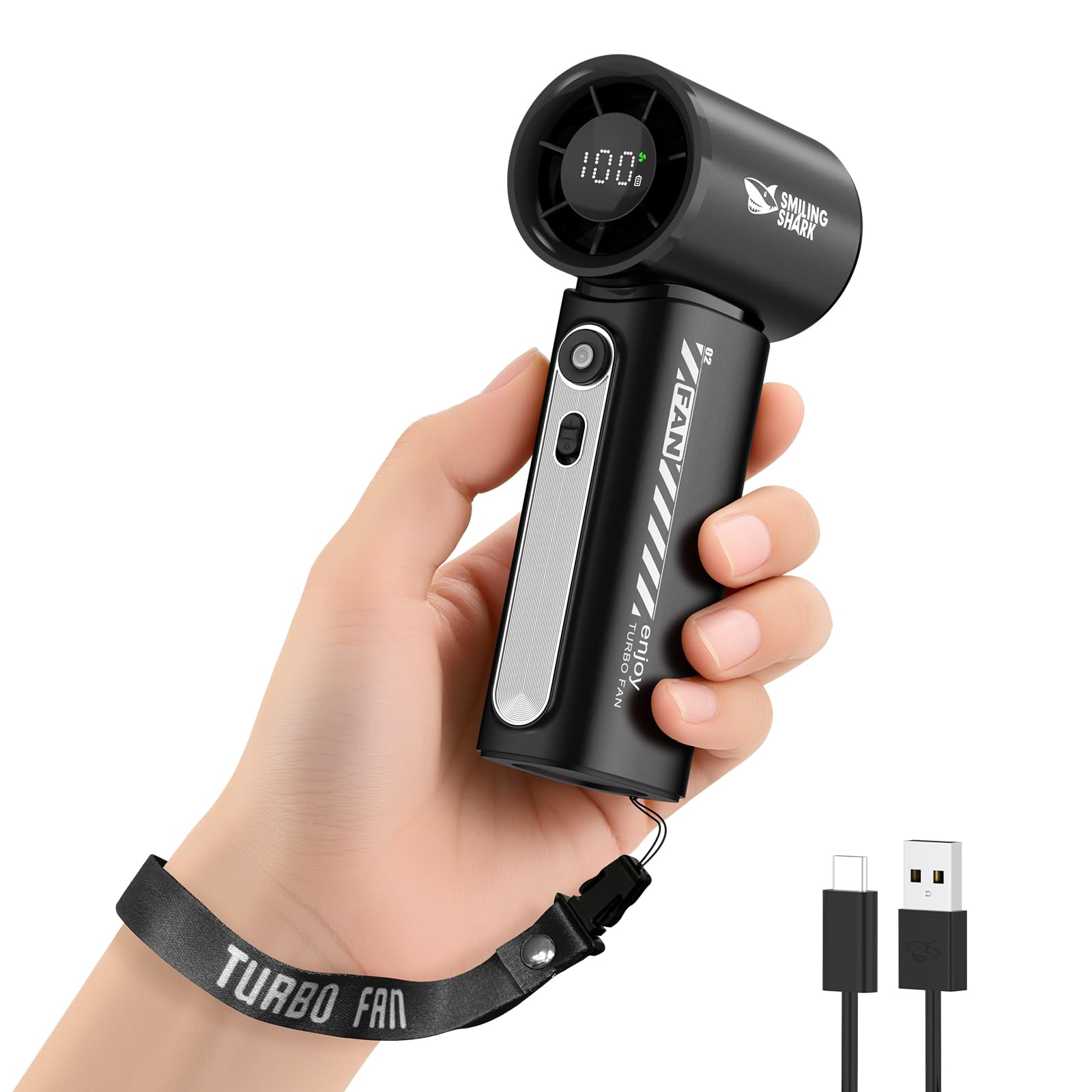 Smiling Shark TF-02 Tragbarer Turbo Handventilator, 1-100 Stufen Einstellbare Tragbarer Mini Handventilator [12Hrs Max] mit LED Anzeige/Lanyard/Basis, 2-in-1 Hand/Tischventilator für Outdoor Indoor