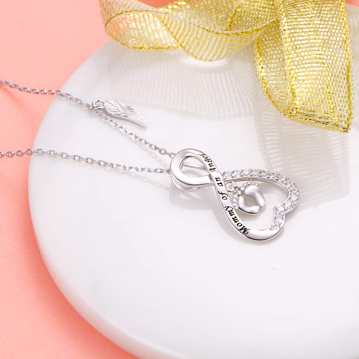 DAOCHONG Collar de plata de ley 925 con diseño de alas de ángel, huella de corazón infinito, collar de mamá de ángel, para pérdida de niños, embarazo, aborto espontáneo, joyería conmemorativa de