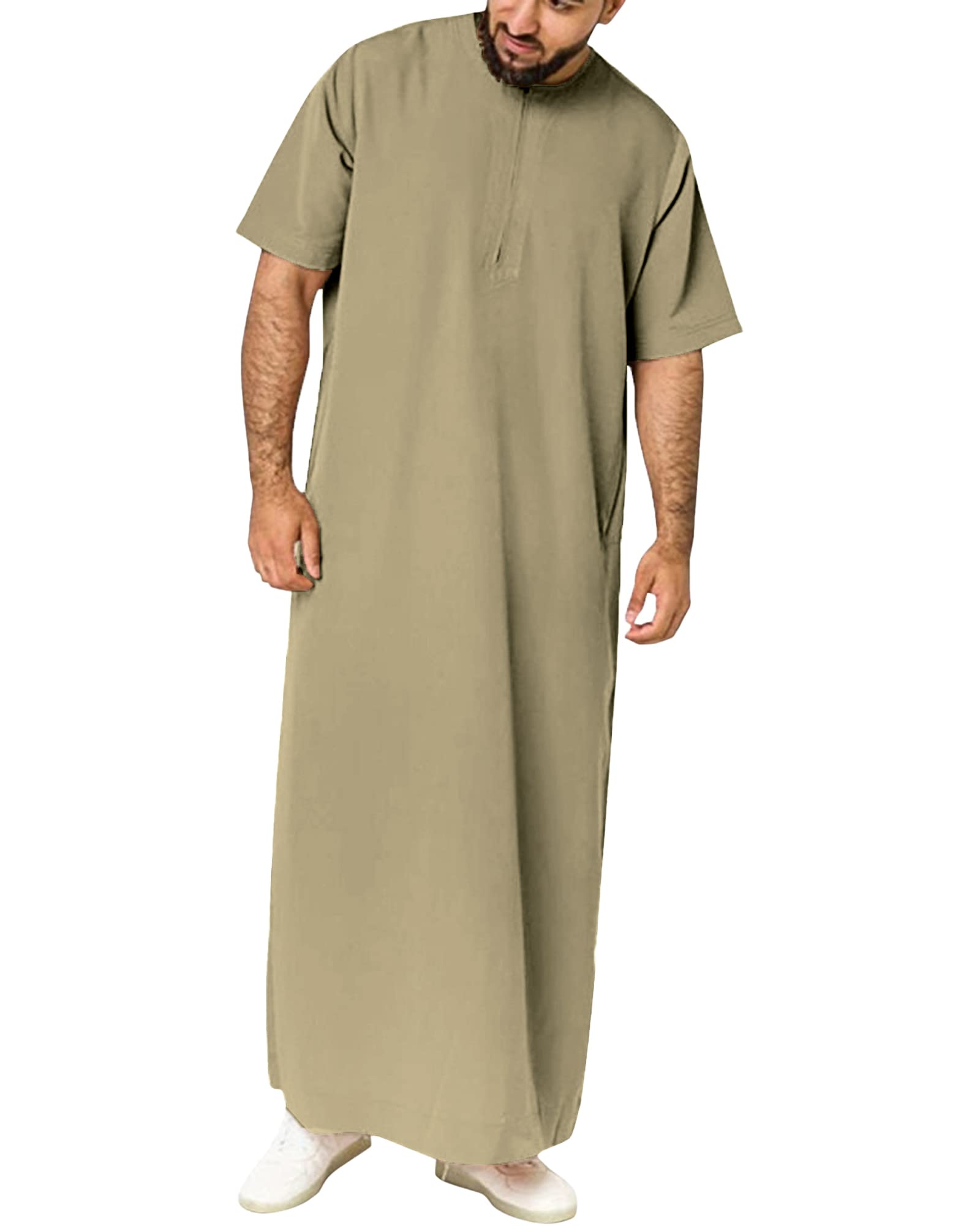 YAOHUOLE Kaftan Herren Lang Sommer ThobeHerren Kurzarm Men Kaftan Thobe Herren Dunkel Khaki M