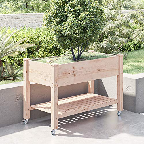 AMZFINE Heavy Duty Wooden Raised Garden Bed Kit with Lockable Wheels/Storage Shelf, Solid Wood Elevated Planter Box -48\" L x 24.5\" W x 32\" H, Natural