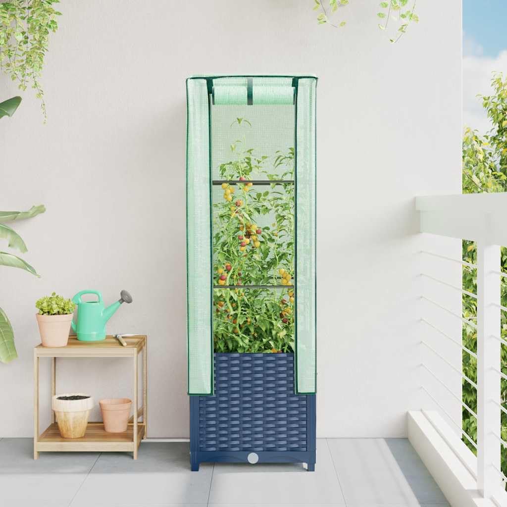 Bancal alto con accesorio para invernadero, aspecto de ratán, color gris azulado, 40 x 40 x 139 cm, tubo de hierro estable, marco resistente al agua, accesorio para jardín, balcón, terraza