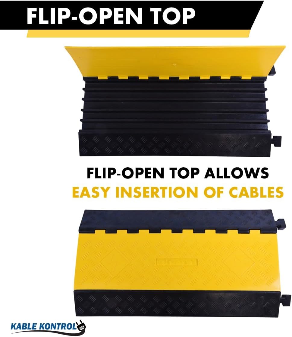 Kable Kontrol Atlas Heavy Duty Cable Protector Ramp - 5 Channel - 1 Pc - 36" Long Black & Yellow - 36,000 Lbs Capacity - Rubber Speed Bump Wire Protector Cord Cover - CP9988