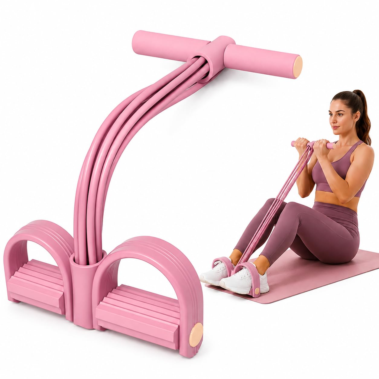 6-Tube Pedal Resistance Bands with Handle for Women Men, Multifunctional exercise band & Elastic Pull Rope for Abs Tummy Workout, Portable Home Gym Fitness Equipment, Pink