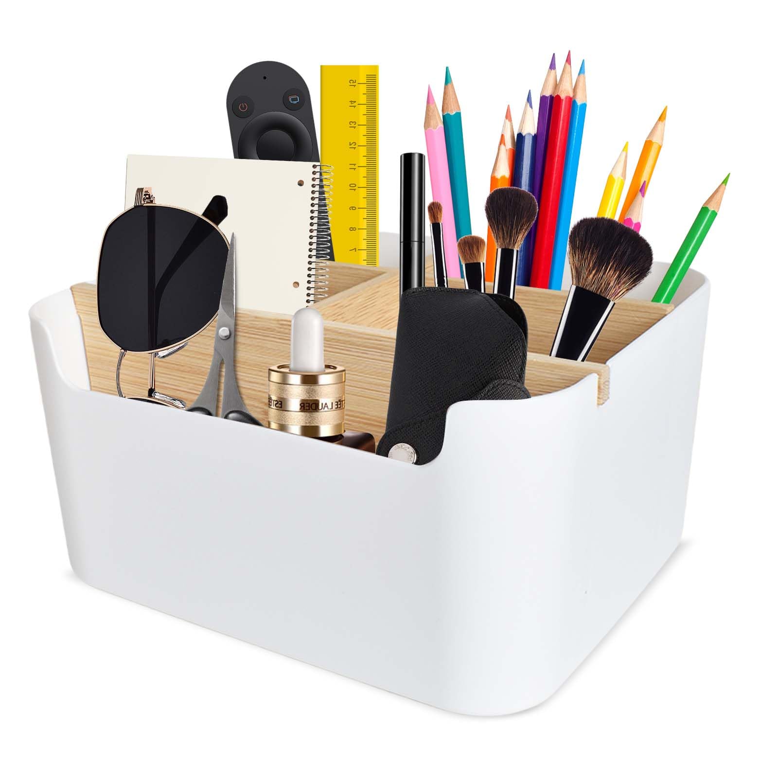 Naapesi 5 Compartments Desk Organiser, Plastic Wooden Desk Stationery Storage Box, Multifunctional Removable Desktop Holder Storage Caddy for Remote Control, Cosmetics, Pens, Glasses (white)