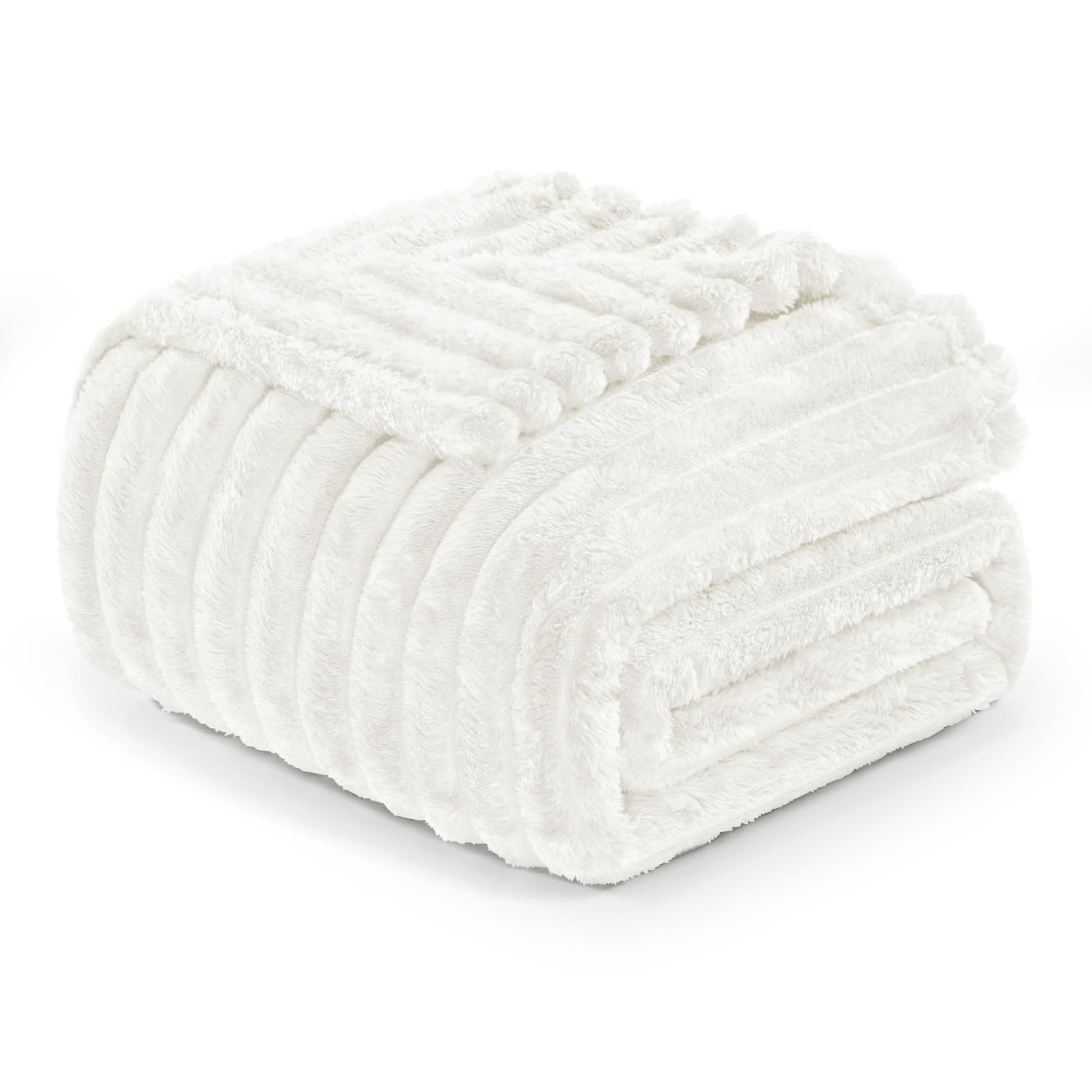 Exclusivo Mezcla Fleece Throw Blanket for Couch, Super Soft 3D Striped Jacquard Bed Blanket, Lightweight Fuzzy Cozy Blankets for All Seasons, 50x60 Inches, Ivory Blanket