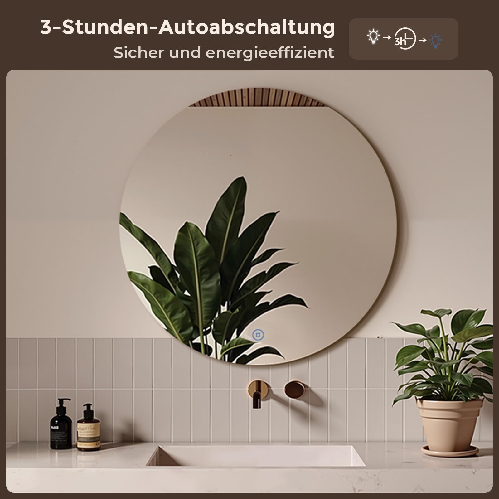 Badspiegel mit Beleuchtung Rund 60 cm, Rahmenlos, Kaltweiß 6500K