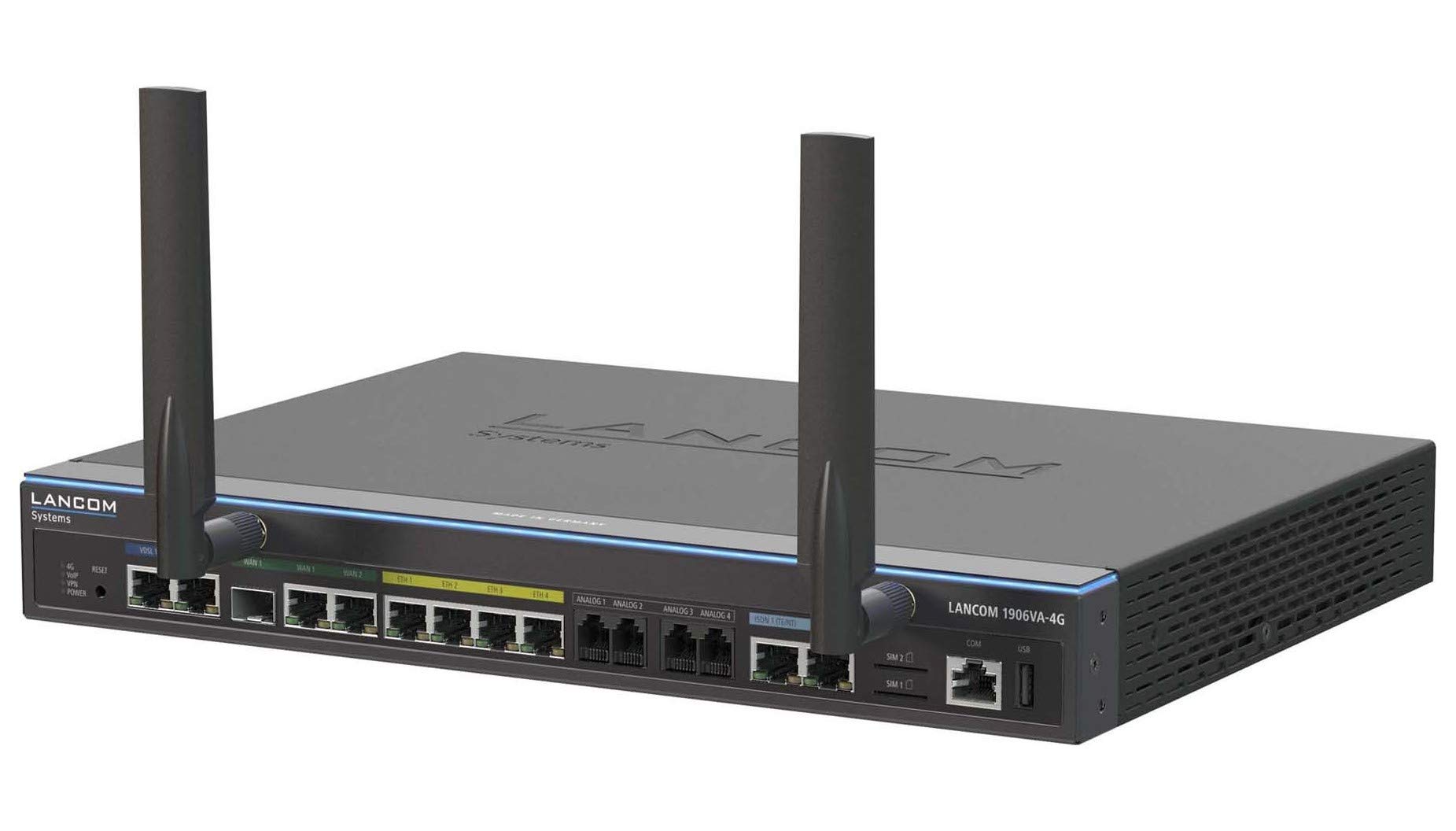 LANCOM 1906VA-4G (EU, over ISDN), Dual-VDSL-VoIP-Router, 2xVDSL2-Vect.Modem, 1xDual-SIM LTE-Adv., 1xSFP/TP, 1xWAN-Eth., 2xISDN S0 (TE/NT+NT), 4xAnalog