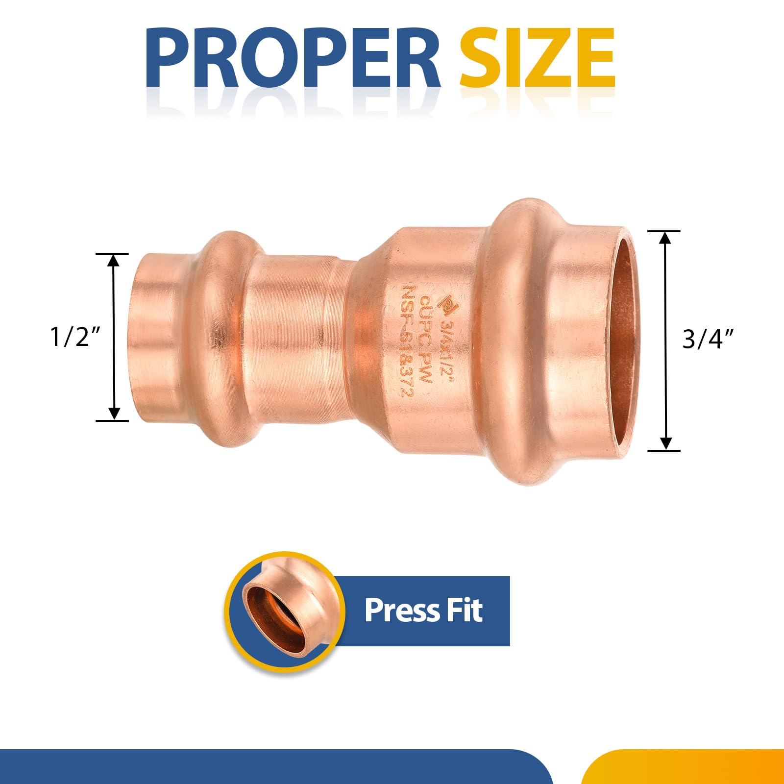 Paquete de 10 racores de Cobre a presión GUOFIS, Acoplamiento Reductor de 3/4 de Pulgada x 1/2 Pulgada con Tope, diseño LBP, acoplador de Cobre a presión para conexión de Tubos de Cobre.