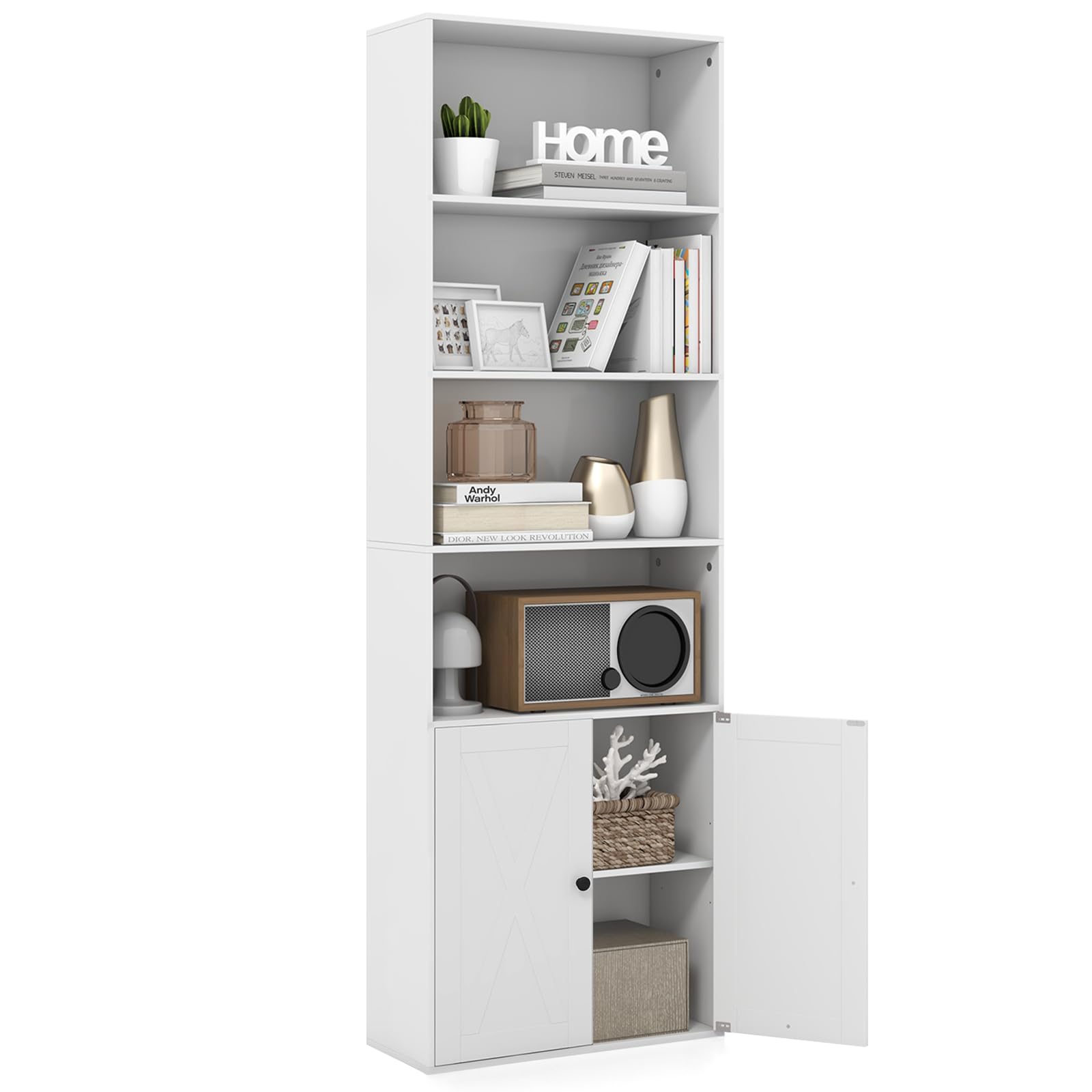 GOPLUS Librería de 6 Estantes, Puertas de Estilo Firme, Versátil Estantería de Almacenamiento con Estantes Ajustables para Oficina, Sala de Estar, Estudio, Blanco