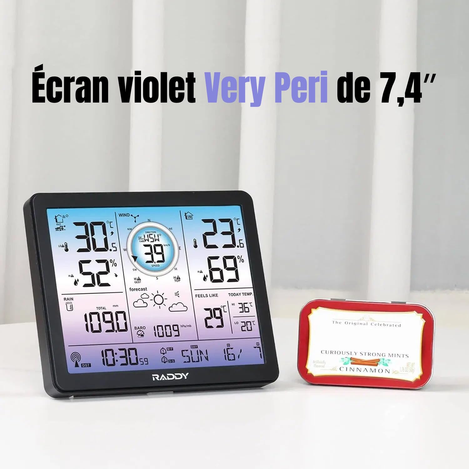 Station météo Raddy VP7 radio avec thermomètre intérieur et extérieur professionnel, écran numérique de 18,8 cm en violet, horloge radio, moniteur de température et d'humidité, prévisions météo et