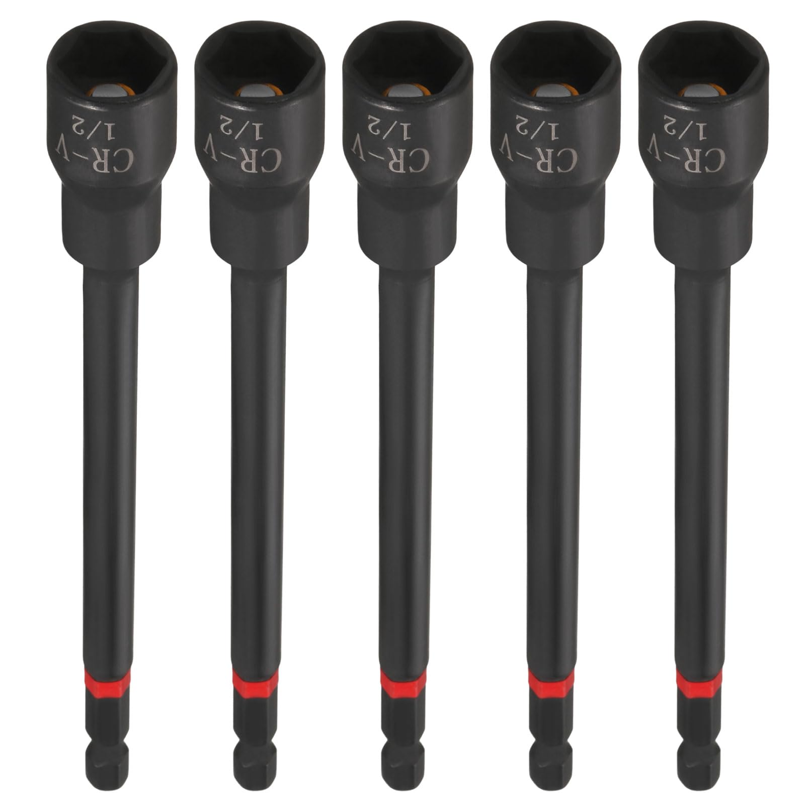 sourcing map 5pcs Nut Driver Drill Bit 1/2 Inch Socket 1/4" Hex Shank 6" (150mm) Long Magnetic 6-Point Sockets Quick Change Phosphated CR-V Steel Bolt Setters for Power Drill Drivers, Black