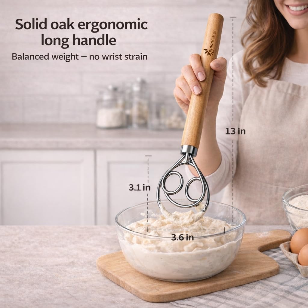 Batidor de masa danés para masa madre – Batidor holandés de acero inoxidable de 13 pulgadas para masa, herramienta de mezcla de pan para cocina y hornear