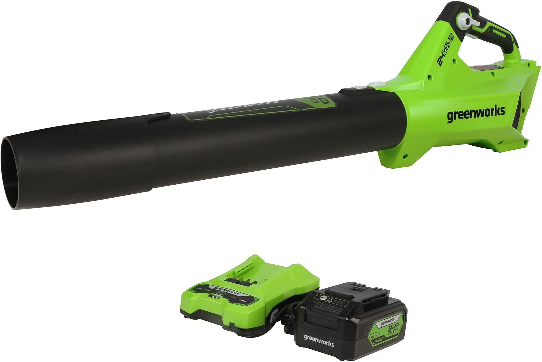 Greenworks 24V (110 MPH / 450 CFM / 200+ Compatible Tools) Cordless Brushless Axial Leaf Blower, 4.0Ah Battery and Charger Included