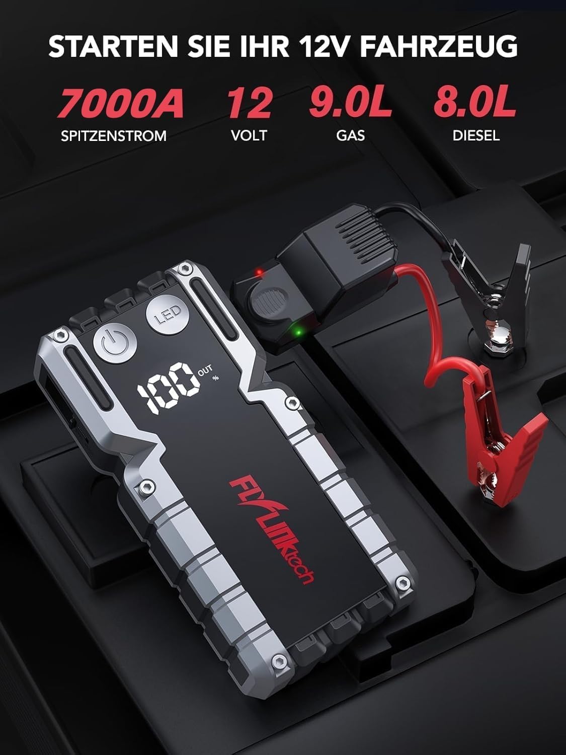 FLYLINKTECH 7000A Auto Starthilfe Powerbank für Pkw für 12V Fahrzeuge | 18000mAh/66.6Wh Starter Powerbank, USB-Schnellladung, 3-Modi LED-Licht, LCD-Display, IP67 Wasserdicht