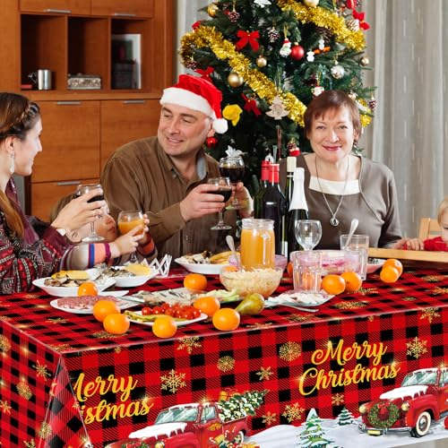 Tiamon 3 Pack Christmas Red Truck Tablecloths Decor Plastic Xmas Party Table Covers Retro Merry Christmas Tree Farm Print Party Supplies Xmas Winter Holiday B'day Party Decor, 54''x108'' (Plaid) – Image 7